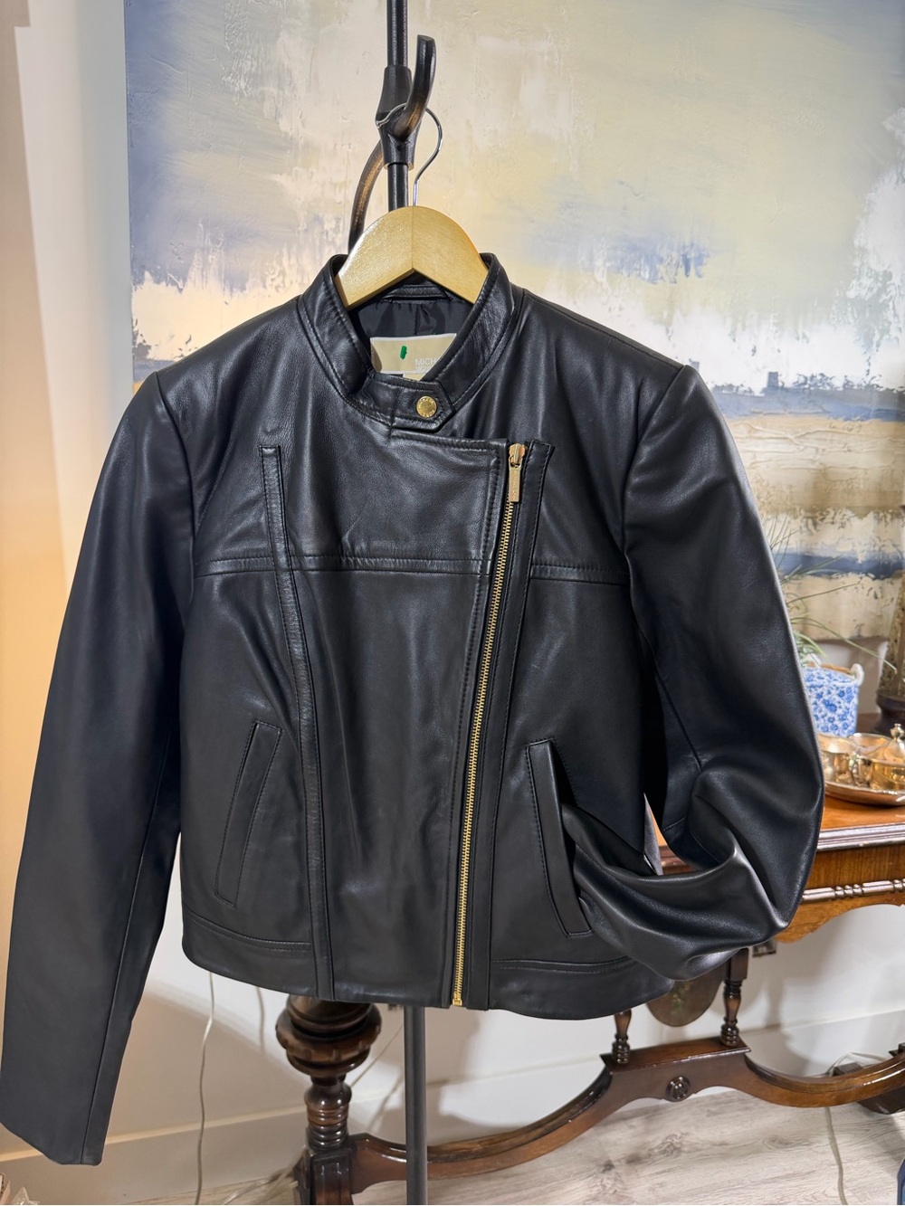 Michael Kors Black Leather Bomber Jacket with Gold Zip